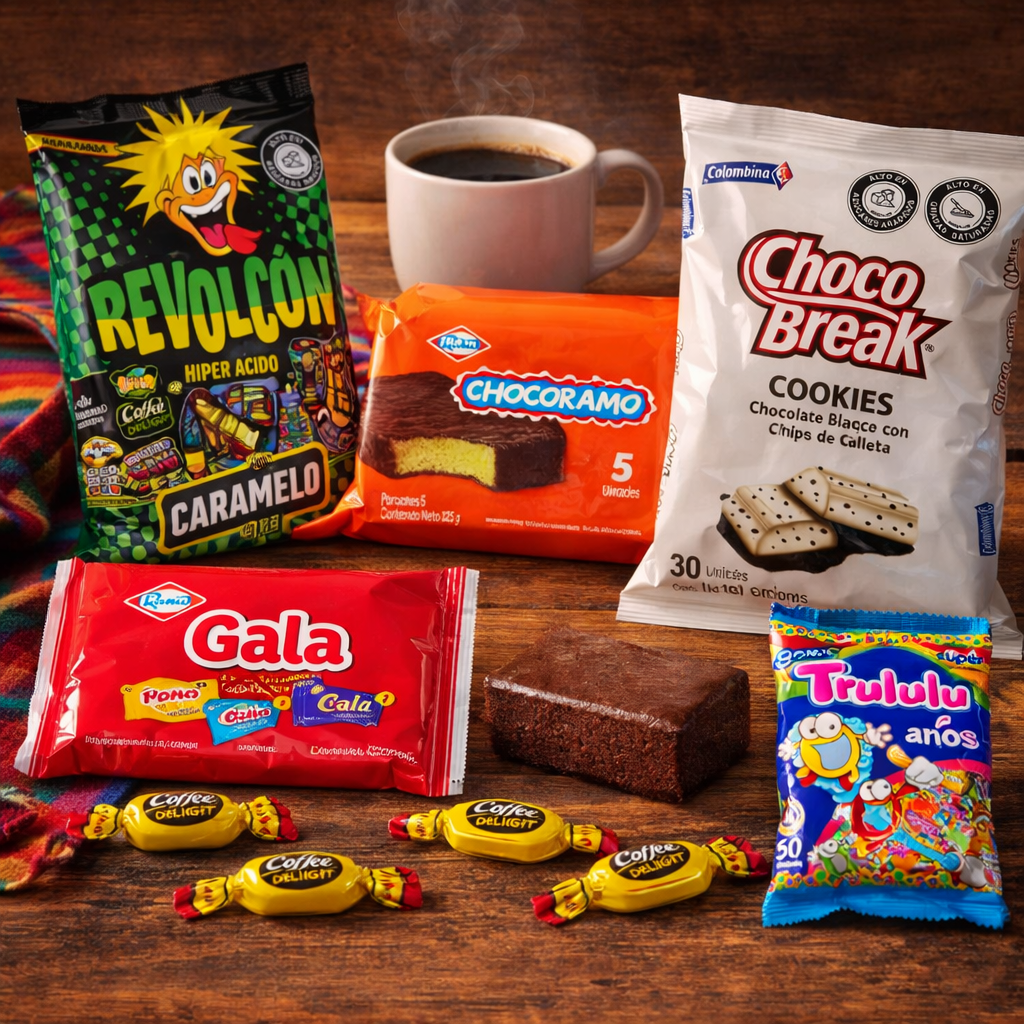 Bodegón de Chocoramo con taza de café colombiano sobre mesa de madera rústica, productos nostálgicos colombianos.